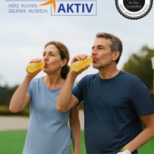 Mittelalterlicher Mann und Frau beim Sport trinken gemeinsam ein isotonisches Getränk im Freien. Beide tragen Sportkleidung und halten gelbe Sportgetränke mit orangefarbenem Deckel in der Hand – ideale Flüssigkeitszufuhr beim Training für Erwachsene über 40.
