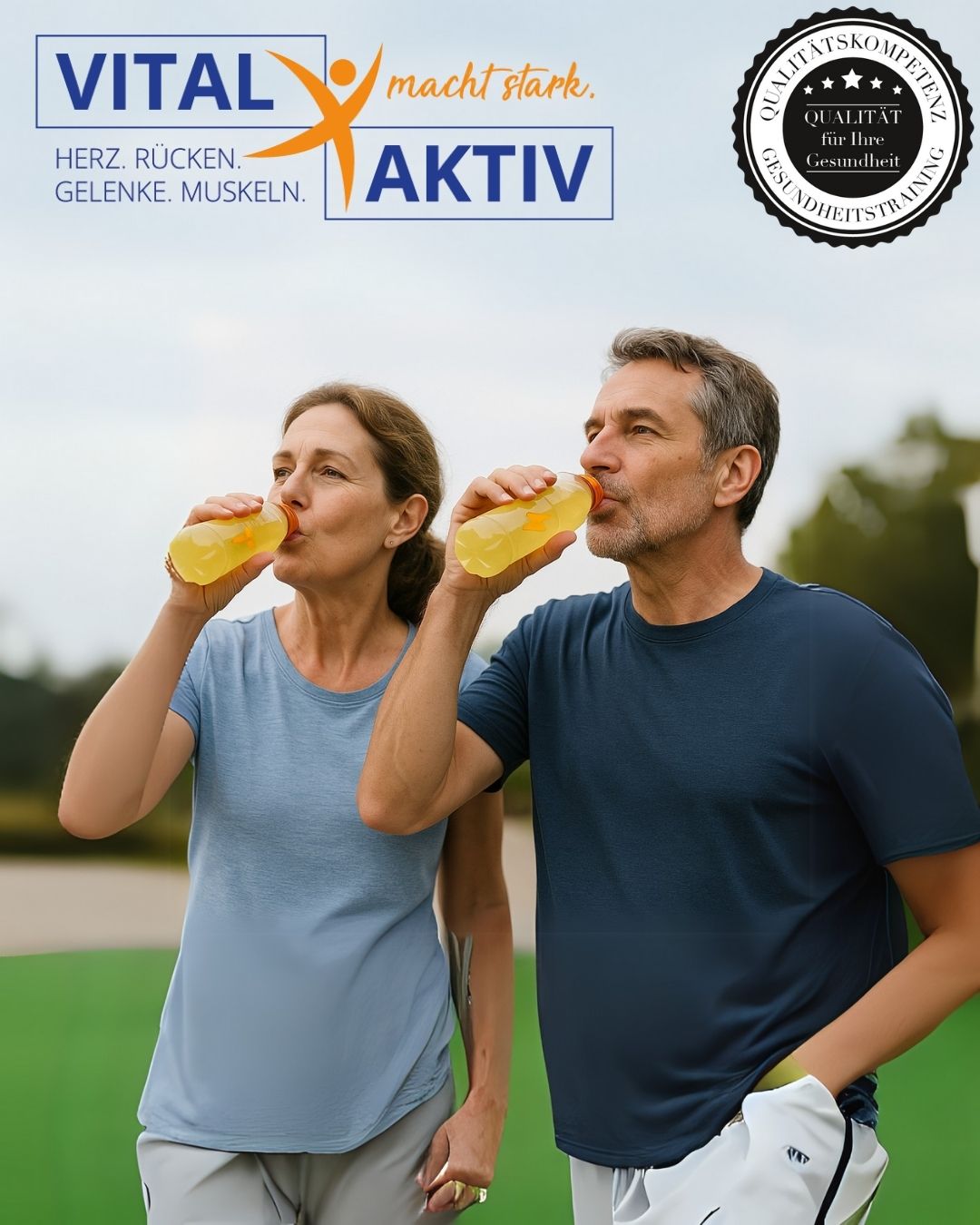 Trinken Mittelalterlicher Mann und Frau beim Sport trinken gemeinsam ein isotonisches Getränk im Freien. Beide tragen Sportkleidung und halten gelbe Sportgetränke mit orangefarbenem Deckel in der Hand – ideale Flüssigkeitszufuhr beim Training für Erwachsene über 40.