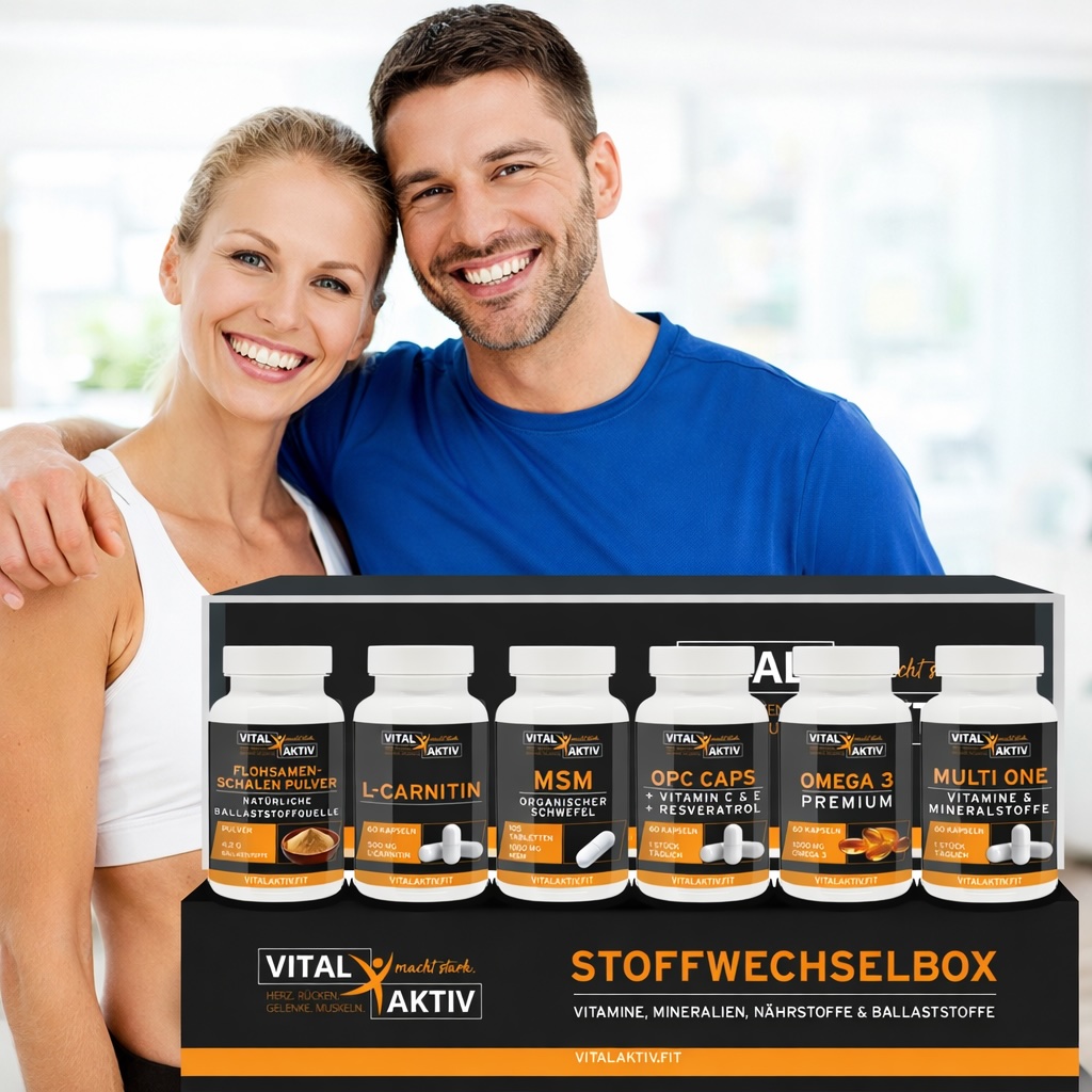 Stoffwechselbox von Vital Aktiv – gesund abnehmen in 21 Tagen Vital Aktiv Stoffwechselbox mit Frau und Mann – 21-Tage-Stoffwechselkur für gesunden Stoffwechsel und nachhaltiges Abnehmen